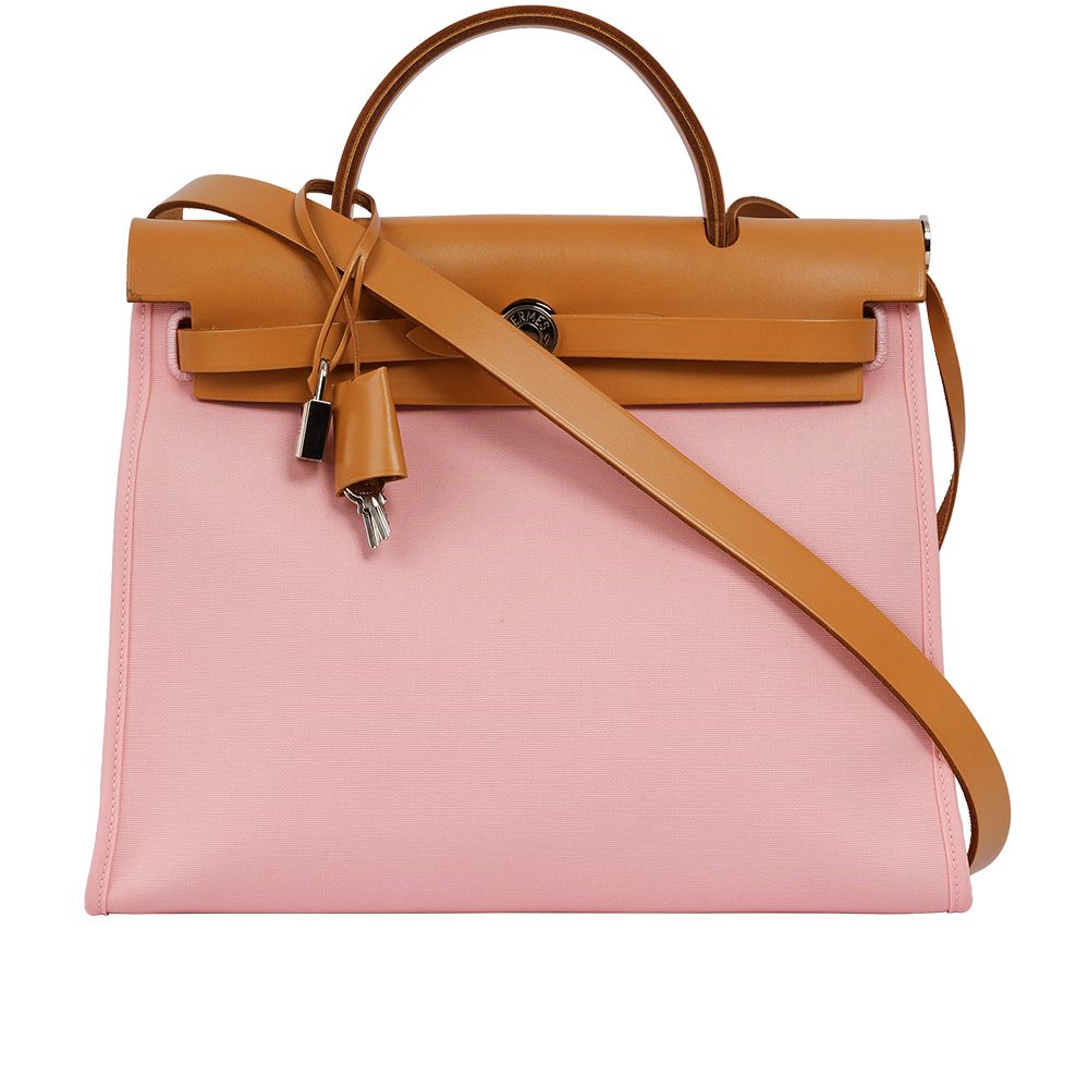 【HERMES 愛馬仕】牛皮+帆布 Herbag 31cm_展示品(粉色/焦糖色)/ 平行輸入