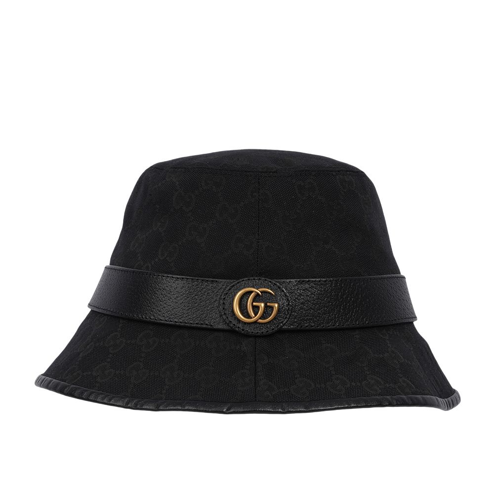 【GUCCI】GG Logo 帆布及牛皮復古漁夫帽 L號(黑色)/ 平行輸入