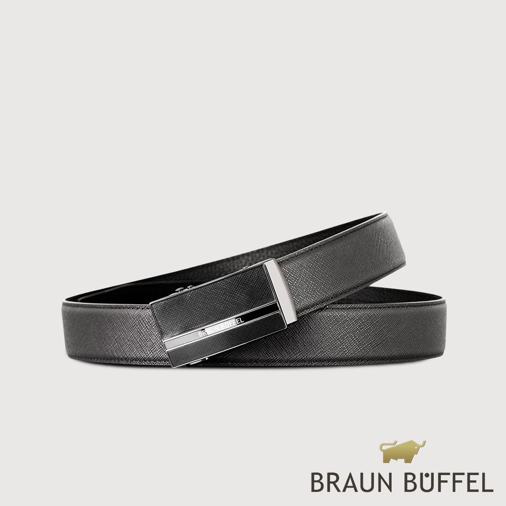 【BRAUN BUFFEL 德國小金牛】台灣總代理 商務型男 十字壓紋自動扣皮帶-鎗色/BF24S-WEG207-SGU/ 42吋