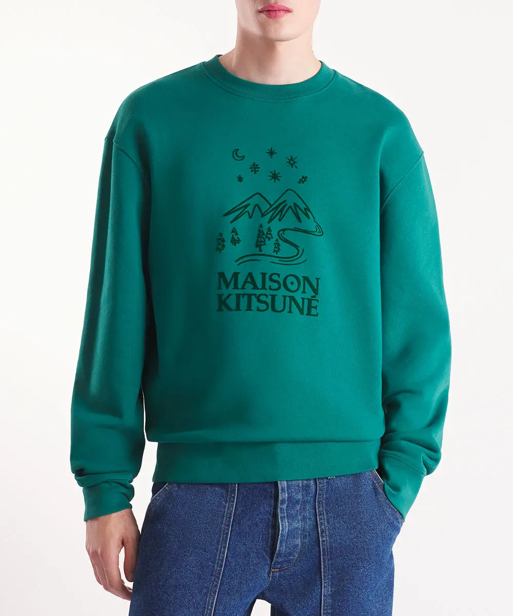 MAISON KITSUNÉ 榆樹綠手繪山系景觀LOGO舒適衛衣_中性/男/ M
