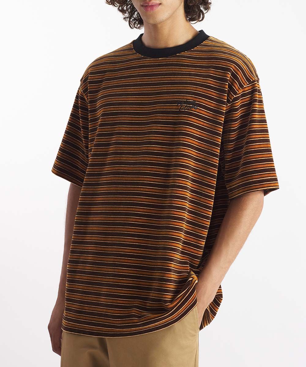 MAISON KITSUNÉ 松果褐橫條紋手繪LOGO絲絨寬鬆短TEE_中性/男/ S