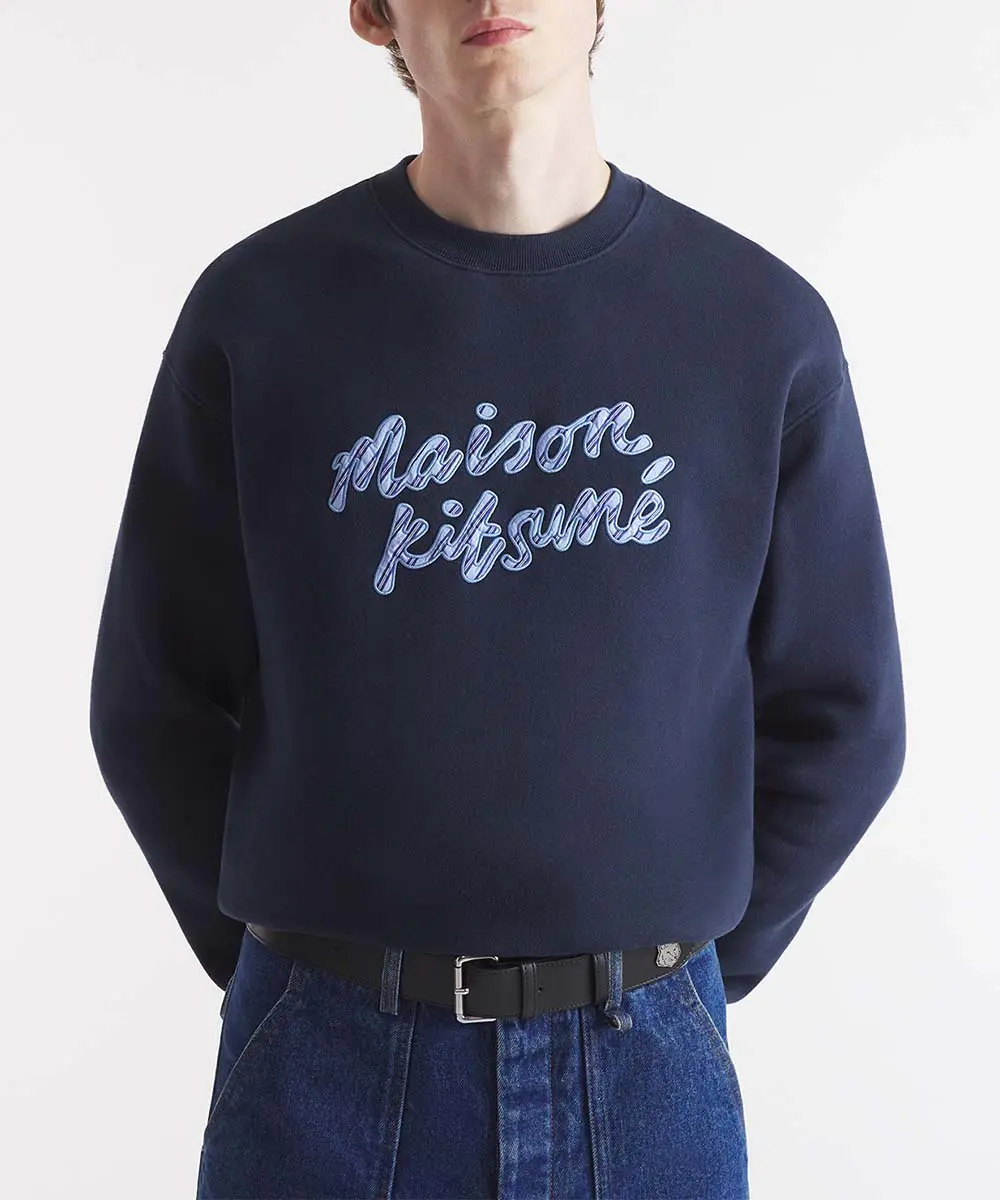 MAISON KITSUNÉ 暮藍色大手繪條紋LOGO舒適衛衣_中性/男/ M