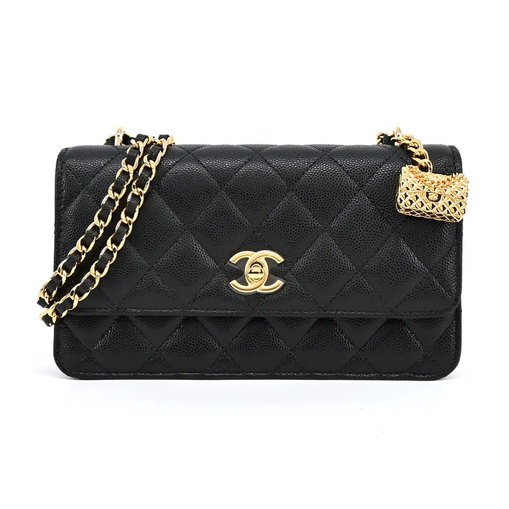 CHANEL 經典LOGO菱格紋小牛皮風琴墜飾WOC鏈帶肩背/斜背包(黑色)/平行輸入