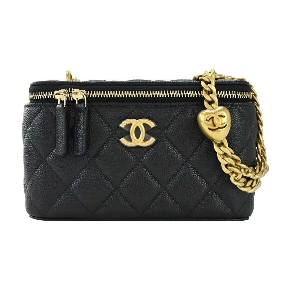 CHANEL經典雙C LOGO 菱格紋小牛皮愛心鏈帶長型化妝/兩用包(黑色)/平行輸入