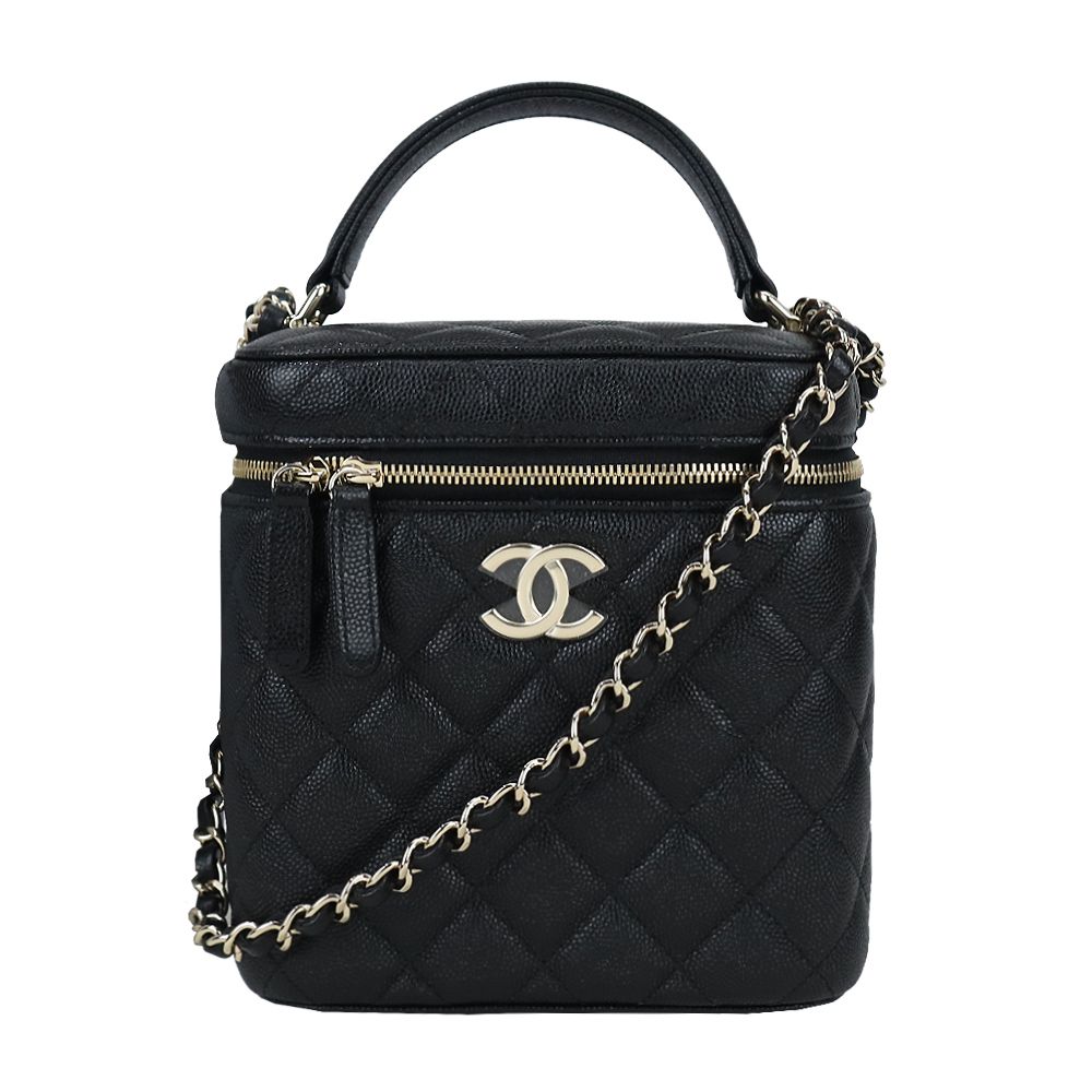 CHANEL 經典菱格荔枝紋牛皮雙C LOGO 化妝/兩用包(黑色)/平行輸入