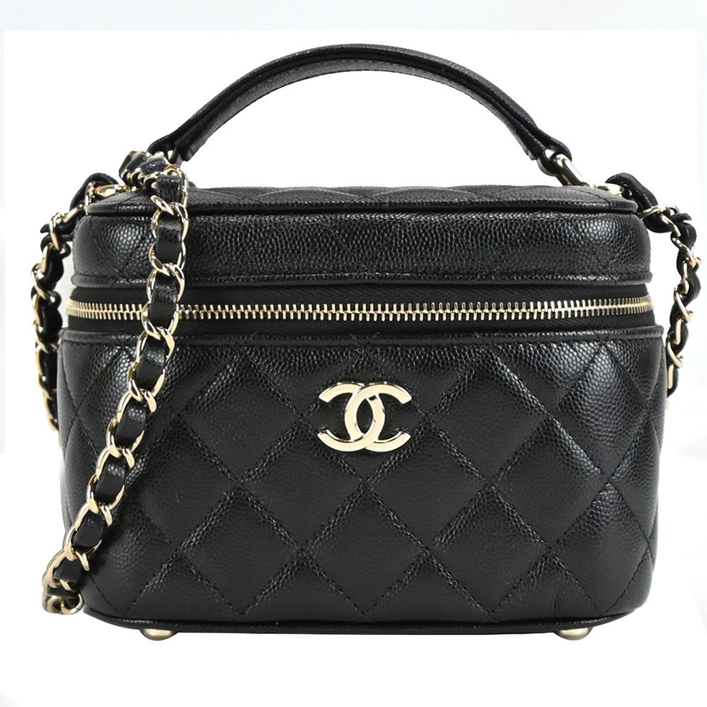 CHANEL經典雙C LOGO菱格紋小牛皮化妝/兩用包(黑色)/平行輸入