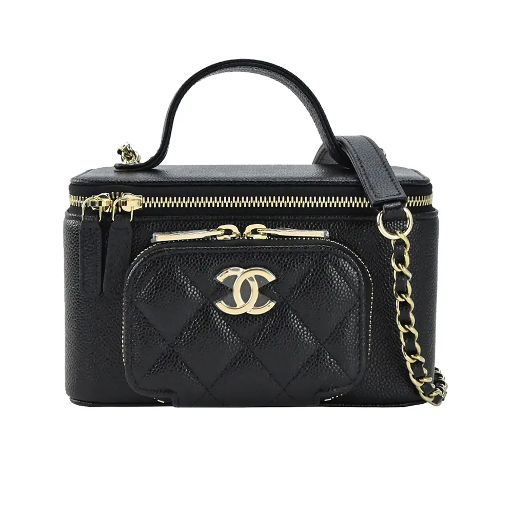 CHANEL經典雙C LOGO菱格紋小牛皮口袋化妝/兩用包(黑色)/平行輸入