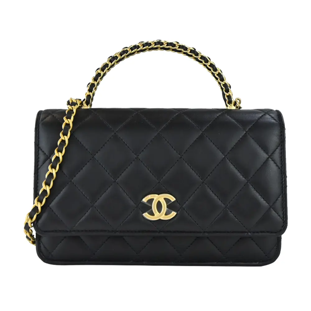 CHANEL 經典雙C菱格紋小羊皮WOC鏈帶手提/斜背包(黑色)/平行輸入