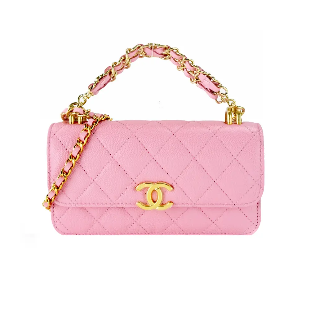 CHANEL 經典LOGO荔枝紋小牛皮WOC手提/斜背包(粉色)/平行輸入