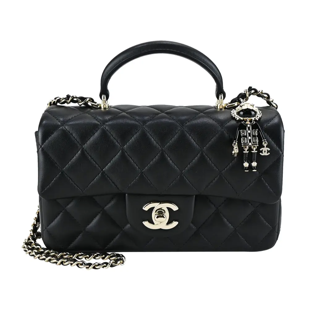 CHANEL  Mini Flap Handle經典菱格紋小羊皮淡金小獅子掛飾兩用包(黑色)/平行輸入