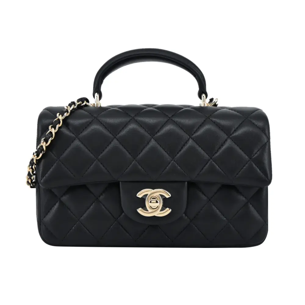 CHANEL Flap Bag Handle經典菱格紋小羊皮鏈帶手提/斜背包(黑色)/平行輸入