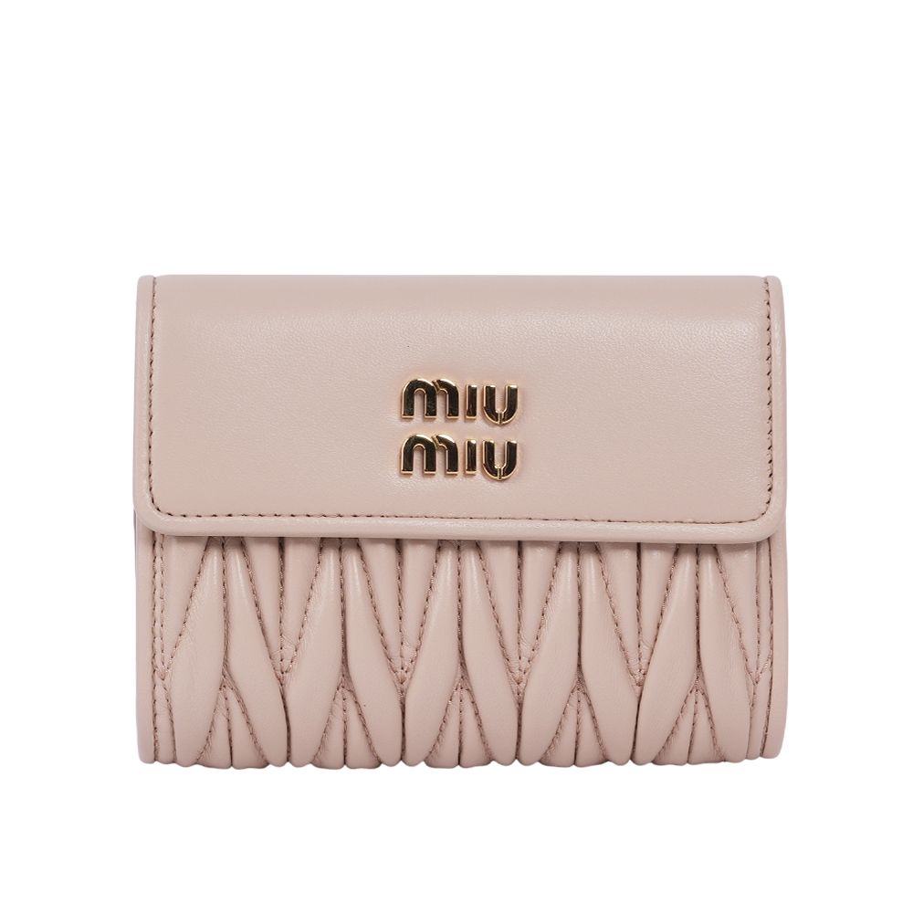 【MIU MIU】金字納帕軟皮拉鍊零錢袋三折短夾(粉色)/ 平行輸入