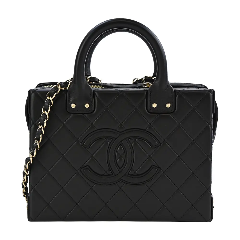 CHANEL Vanity Case經典LOGO小牛皮復古鏈帶手提/斜背包(黑色)/平行輸入
