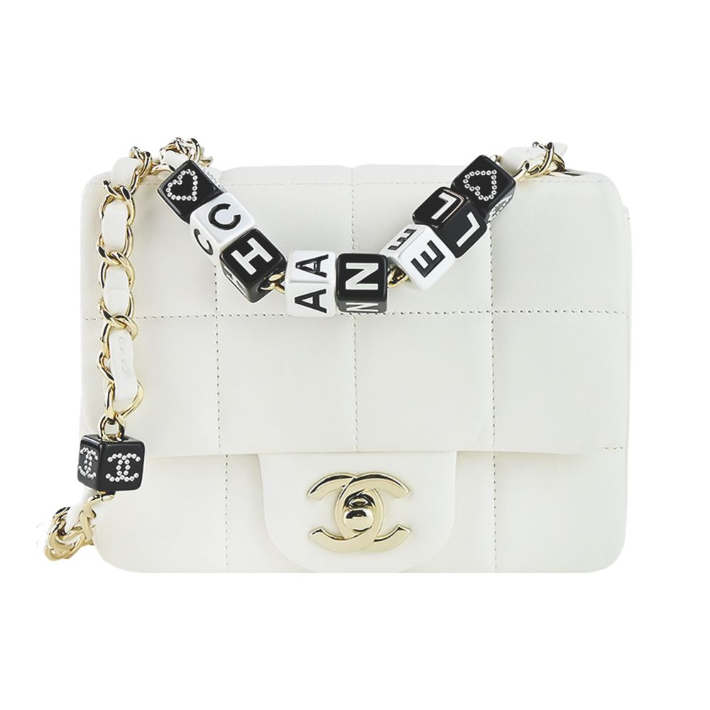 CHANEL 經典菱格紋小羊皮黑白方塊鏈帶翻蓋斜背包(白色)/平行輸入