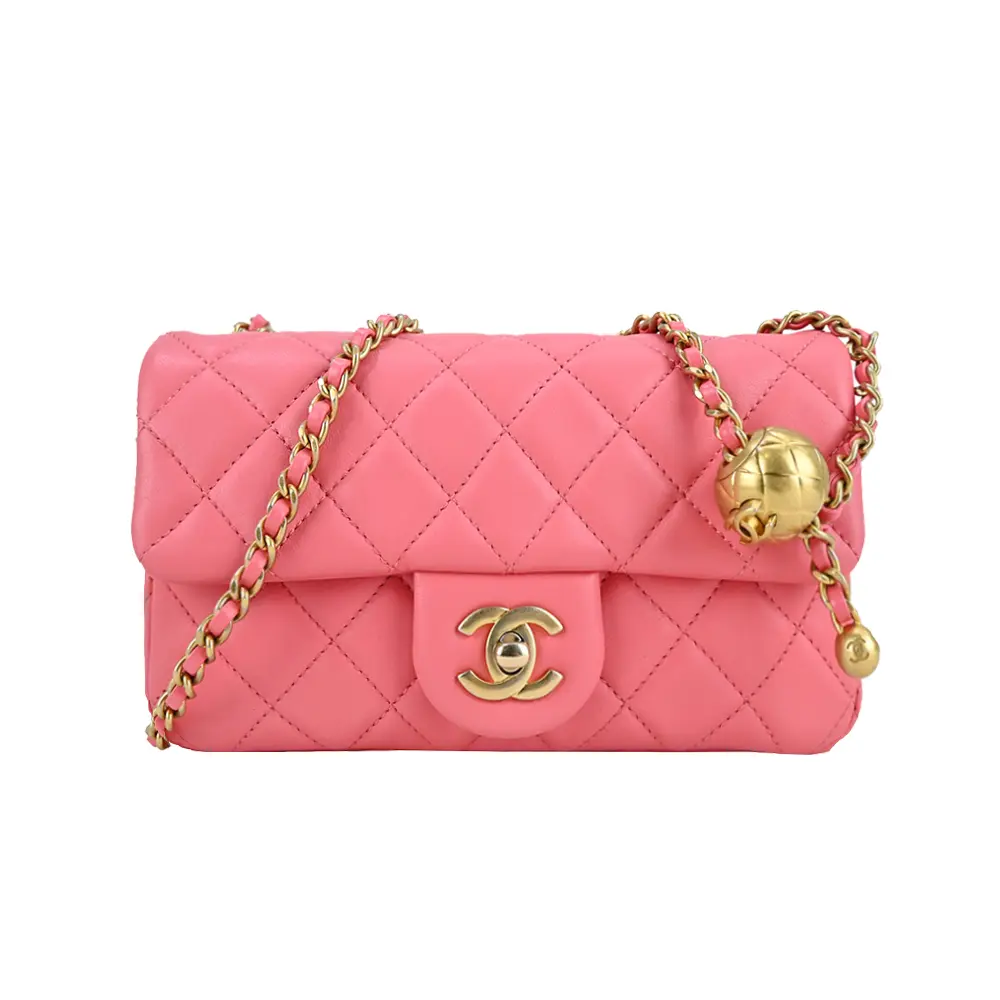 CHANEL 經典Mini coco 20 菱格紋小羊皮金球口蓋包(珊瑚色)/平行輸入