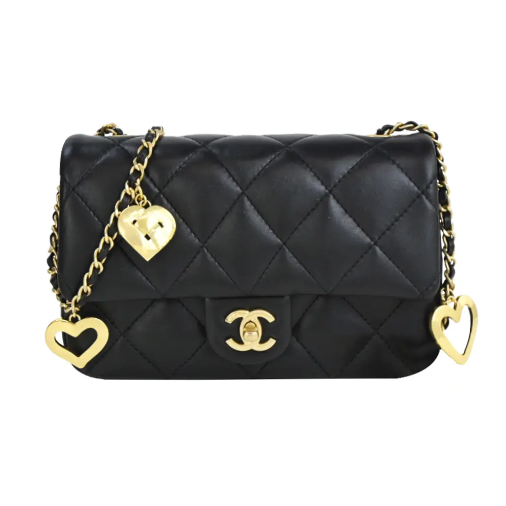 CHANEL Mini Flap經典菱格紋小羊皮金釦愛心鏈帶肩背/斜背包(黑色)/平行輸入