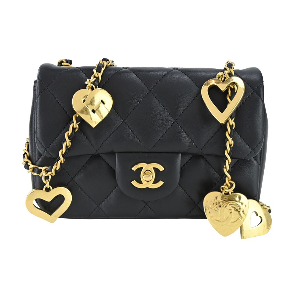CHANEL Mini Flap經典菱格紋小羊皮愛心鏈帶肩背/斜背包(黑色)/平行輸入