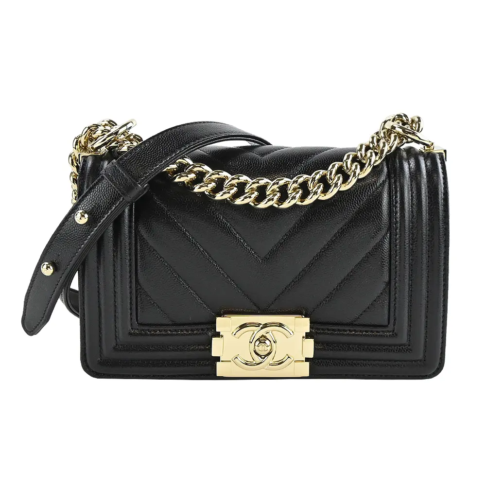 CHANEL 經典BOY系列菱格粒紋小牛皮翻蓋斜背包(黑色)/平行輸入