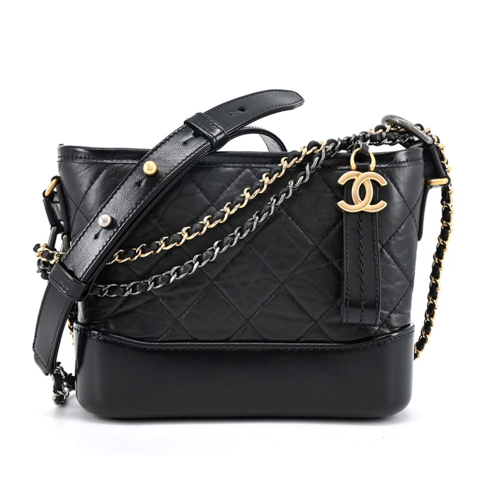 CHANEL Gabrielle Hobo 經典菱格紋復古小牛皮小型流浪包(黑色-A91810 Y61477 94305)/平行輸入