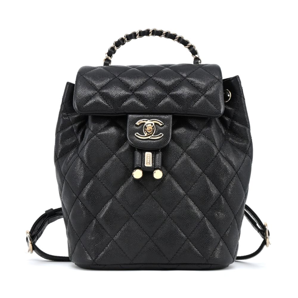 CHANEL 經典雙C LOGO菱格小牛皮雙肩後背包 (小號/黑色)/平行輸入