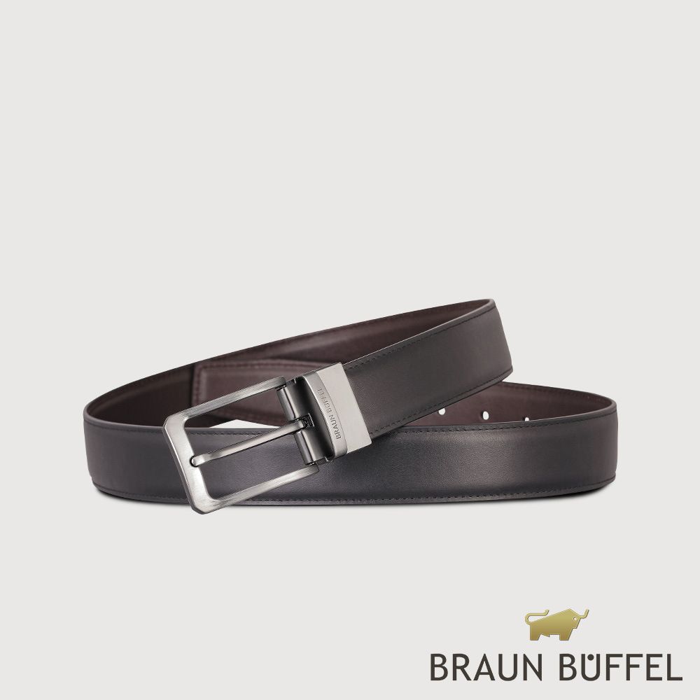 【BRAUN BUFFEL 德國小金牛】台灣總代理 商務型男 簡約造型穿針式皮帶-銀色/BF24S-RO227T-SNK/ 42吋