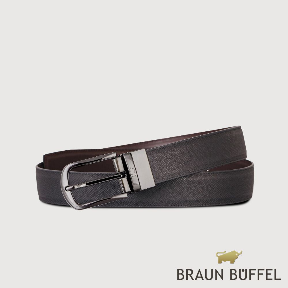 【BRAUN BUFFEL 德國小金牛】台灣總代理 商務型男 圓頭壓印穿針式皮帶-鎗色/BF24S-RO228T-SGU/ 42吋