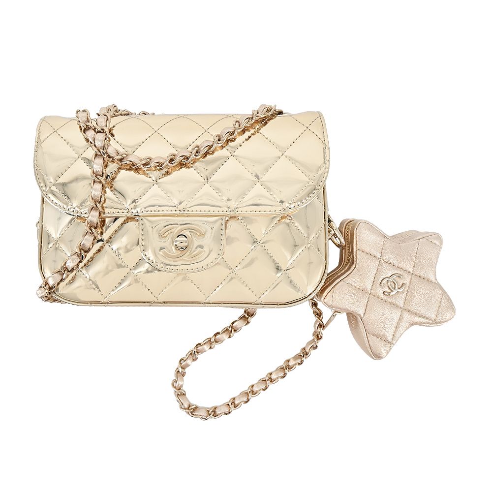 CHANEL MINI FLAP經典雙C LOGO鏡面小牛皮肩背/斜背包(金色)/平行輸入