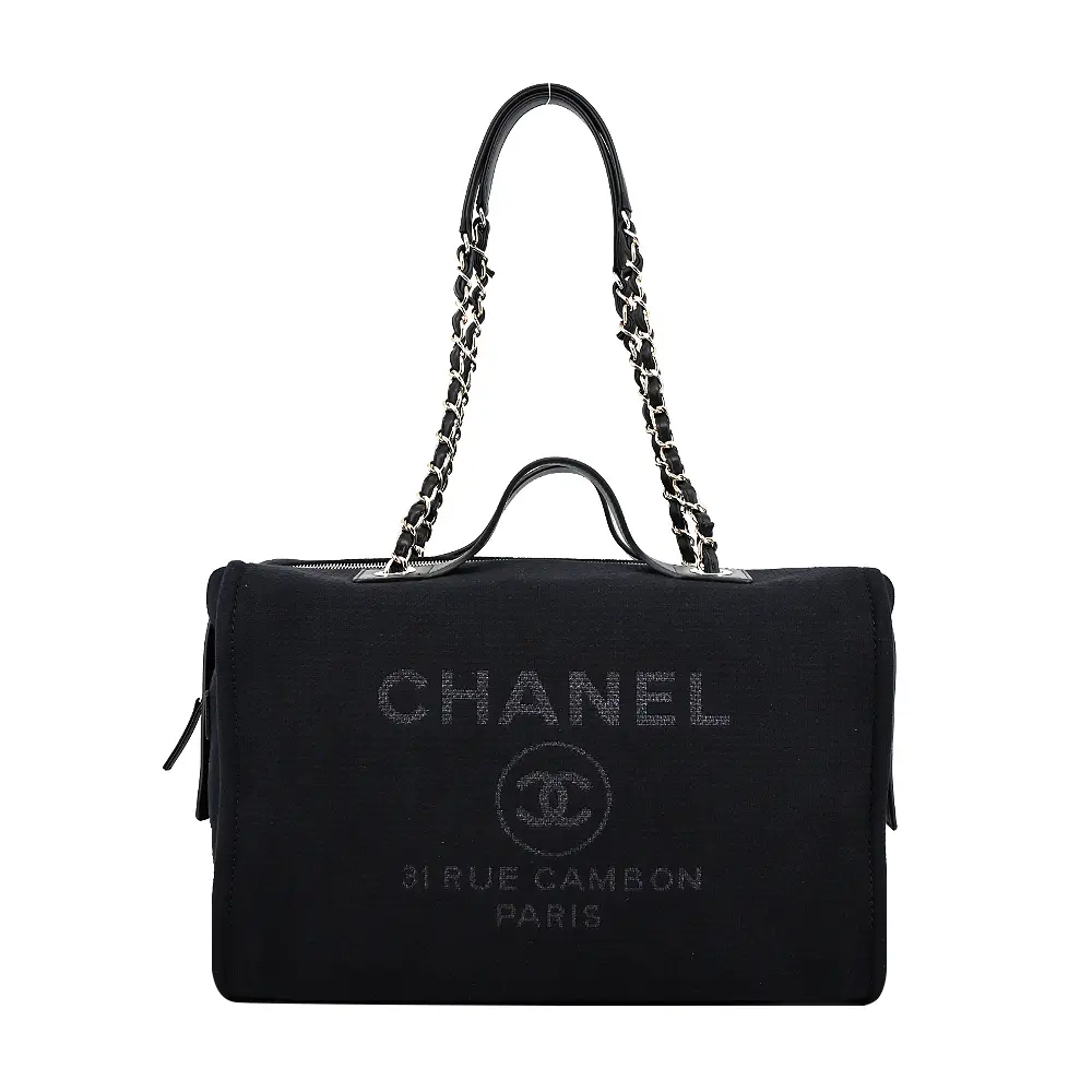 CHANEL 經典Deauvill帆布鏈帶方形手提/肩背包(黑色)/平行輸入