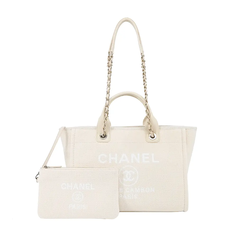 CHANEL 經典Deauville帆布鏈帶小號托特包(米白)/平行輸入