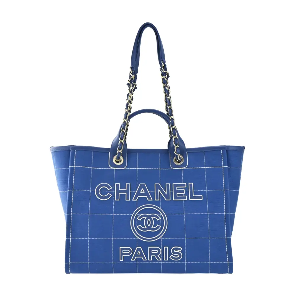CHANEL 經典Deauville格紋帆布大號托特包(藍色)/平行輸入