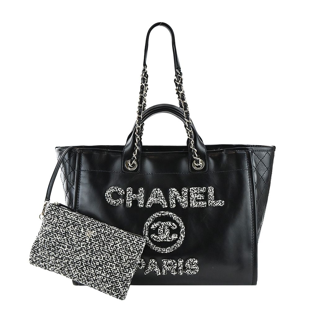 CHANEL 經典Deauville小牛皮鏈帶大號托特包(黑色)/平行輸入
