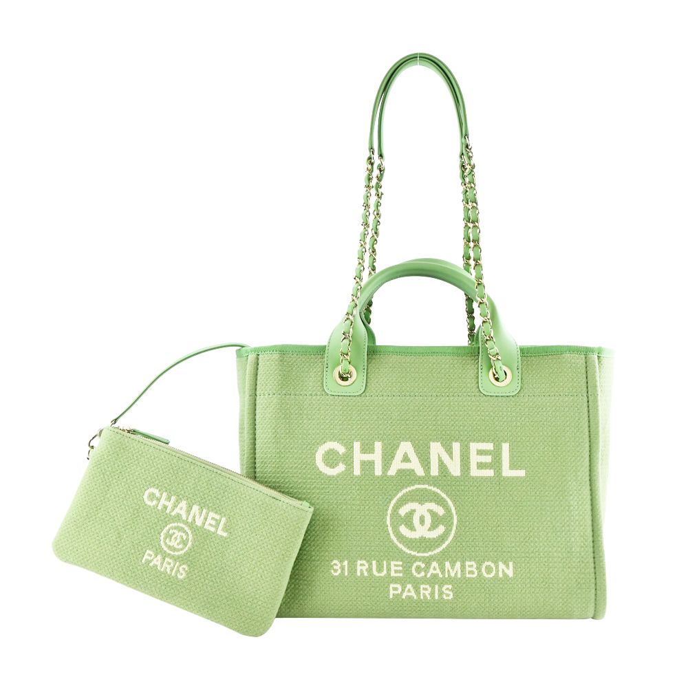 CHANEL 經典Deauville帆布鏈帶托特包(草綠色)/平行輸入