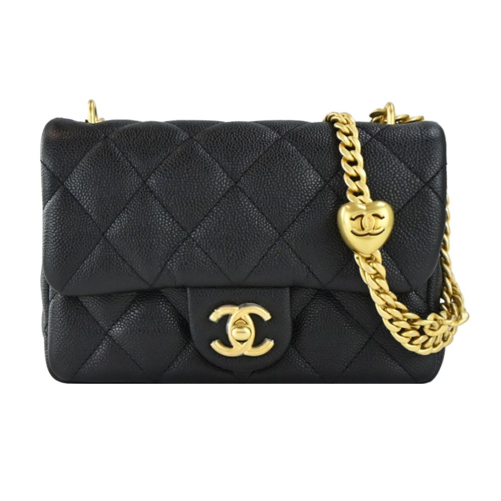 CHANEL Mini Flap經典菱格紋小牛皮愛心調節鏈帶肩背/斜背包(黑色)/平行輸入