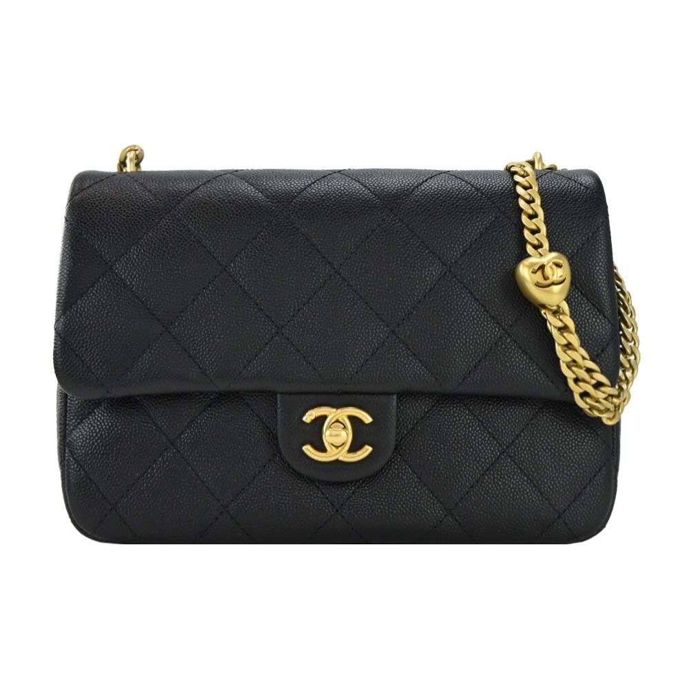CHANEL 經典菱格紋小牛皮愛心調節鏈帶肩背/斜背包(黑色)/平行輸入