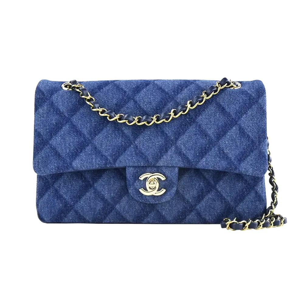 CHANEL 經典菱格紋牛仔印花帆布鏈帶肩背/斜背包(深藍)/平行輸入
