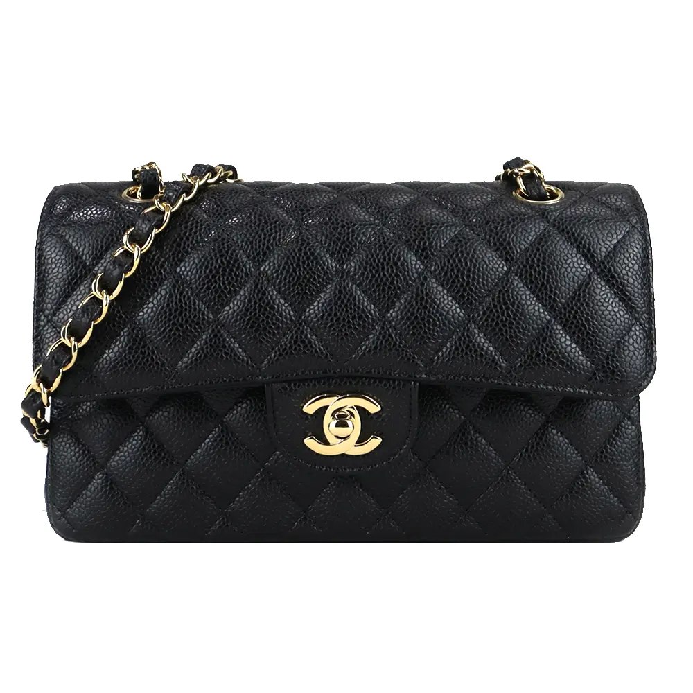 CHANEL 經典LOGO菱格紋小牛皮鏈帶肩背/斜背包(黑色)/平行輸入
