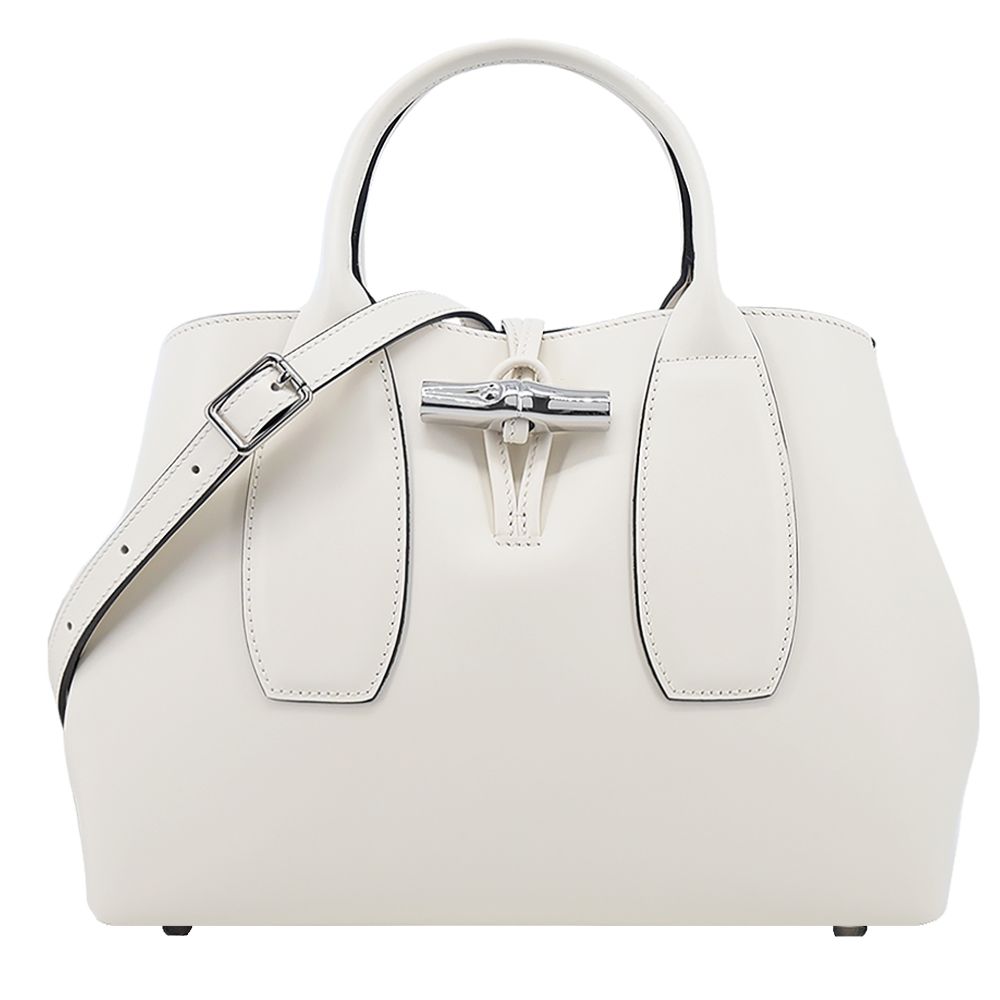 LONGCHAMP LE ROSEAU系列金屬竹節牛皮手提/斜背兩用包(中)/平行輸入/ 亞麻