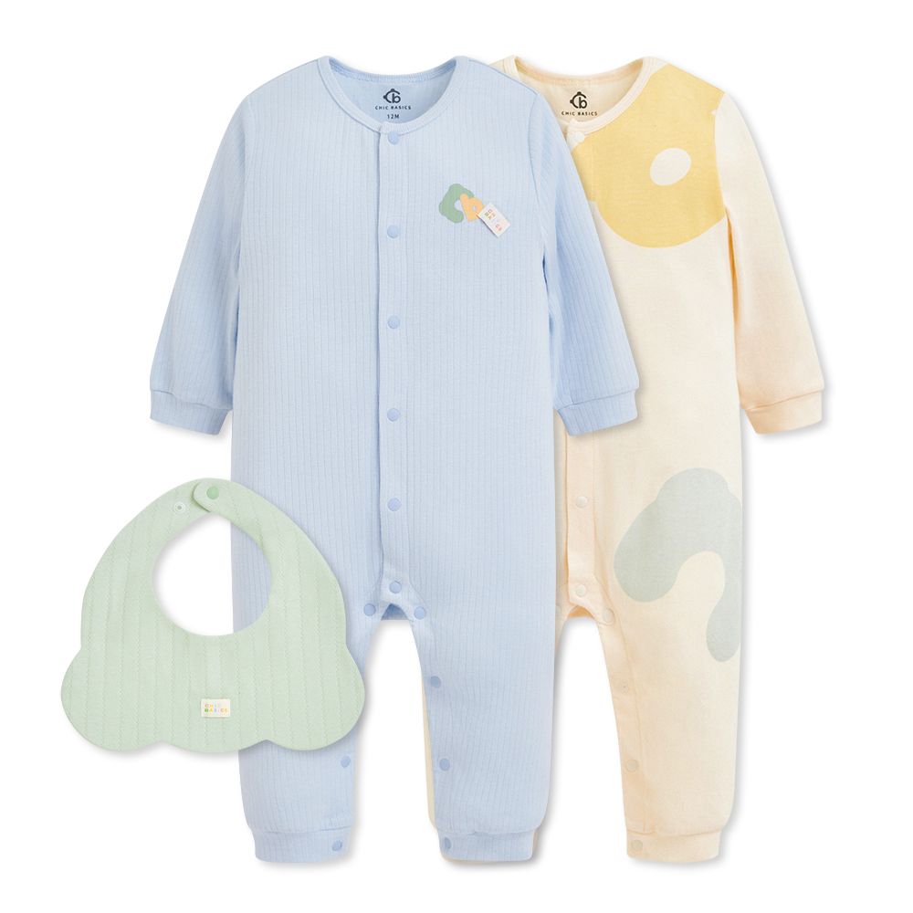 【奇哥】CHIC BASICS系列嬰幼童裝長袖前開扣兔裝/ 2入附圍兜(3-18個月)/ 雲朵藍色/ 6個月