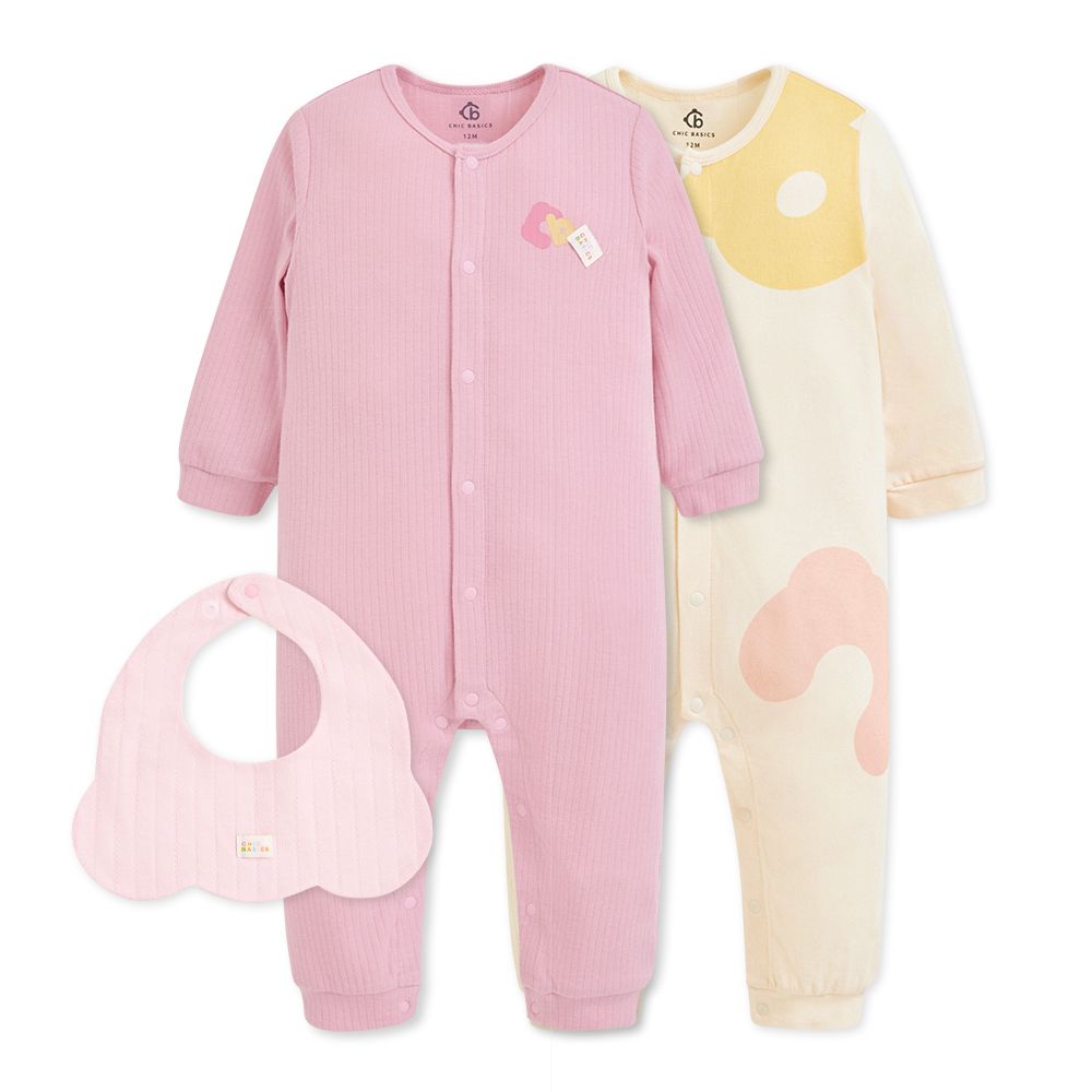 【奇哥】CHIC BASICS系列嬰幼童裝長袖前開扣兔裝/ 2入附圍兜(3-18個月)/ 淺嫣紅色/ 6個月