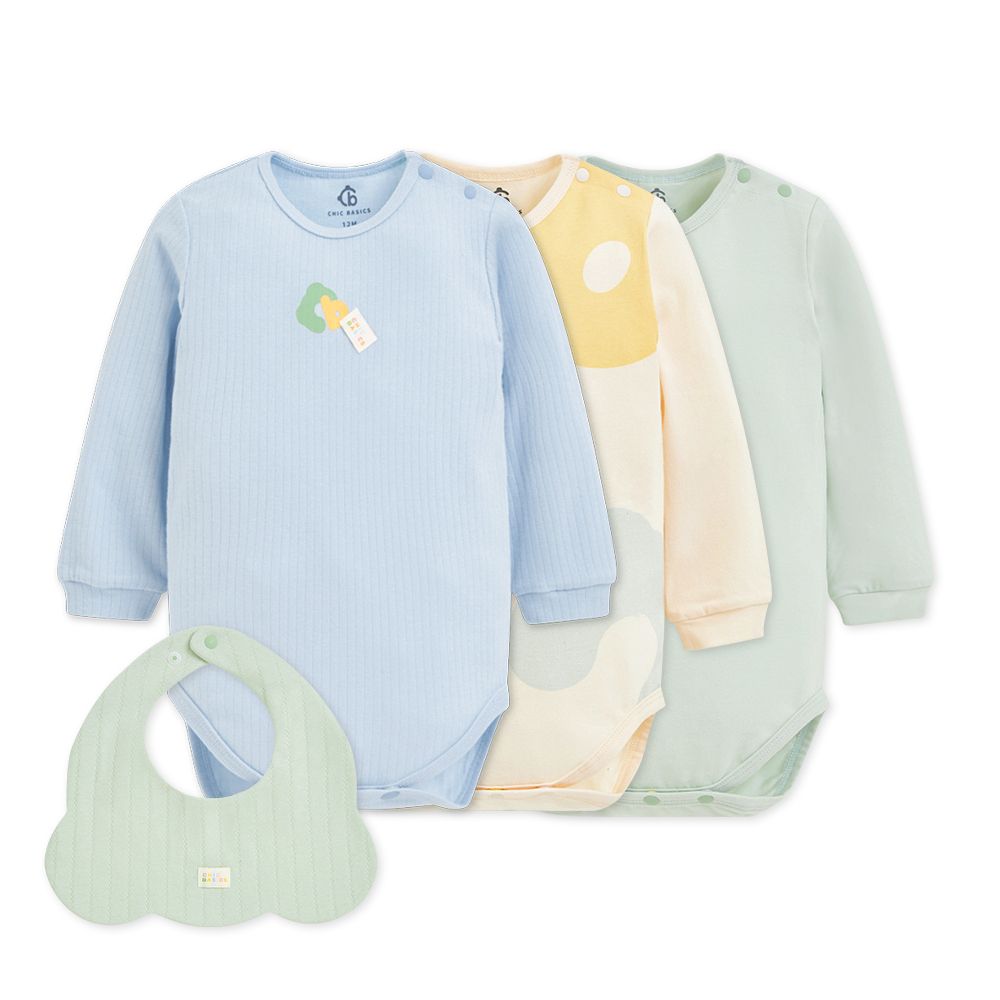 【奇哥】CHIC BASICS系列嬰幼童裝長袖側開包屁衣/ 3入附圍兜(6-24個月)/ 雲朵藍色/ 12個月