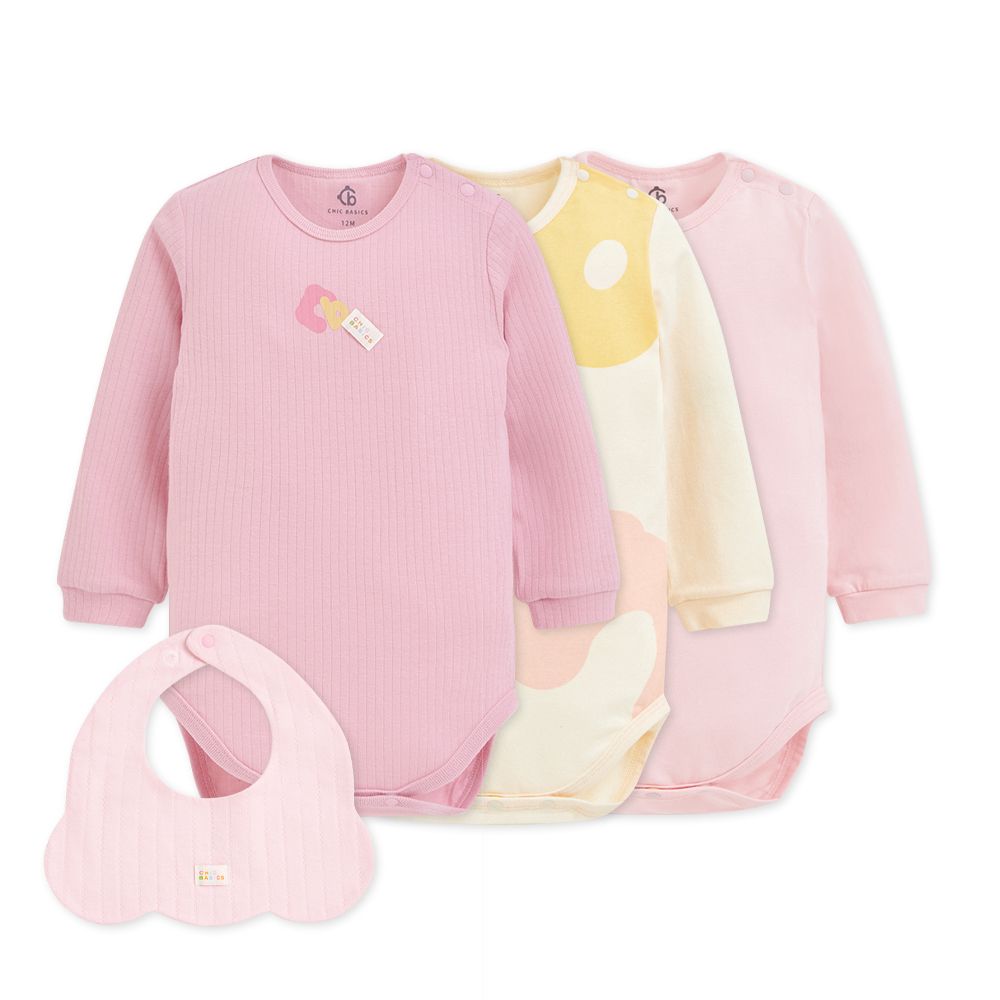 【奇哥】CHIC BASICS系列嬰幼童裝長袖側開包屁衣/ 3入附圍兜(6-24個月)/ 淺嫣紅色/ 12個月