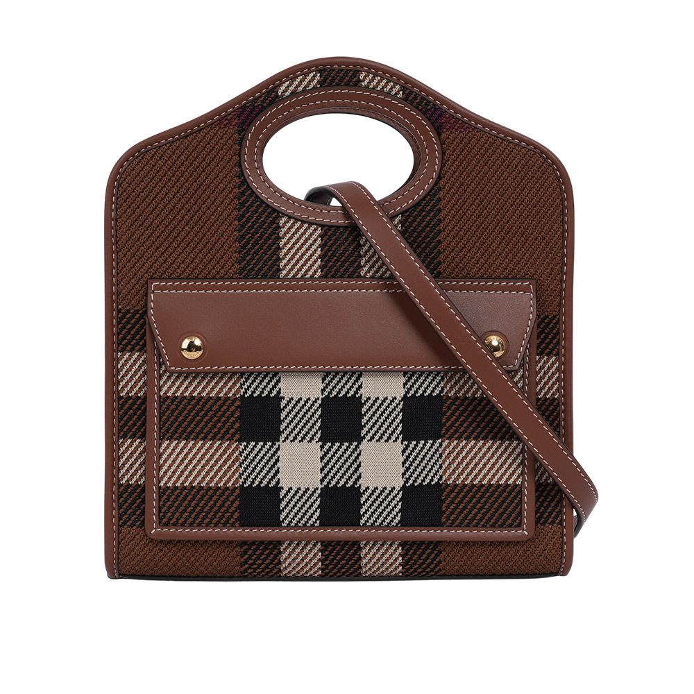 【BURBERRY】針織拼皮革手提/斜背口袋包(Mini)(暗樺木棕色)/ 平行輸入