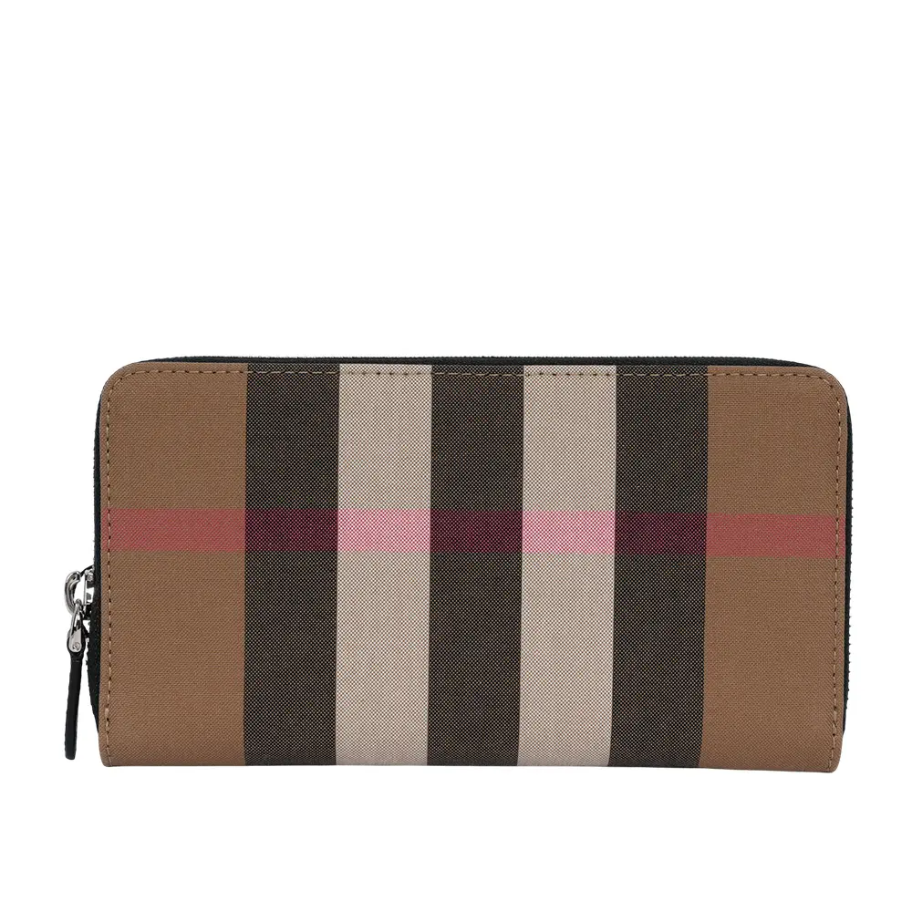 【BURBERRY】大格紋帆布ㄇ形拉鍊長夾(灰褐色/棕色)/ 平行輸入