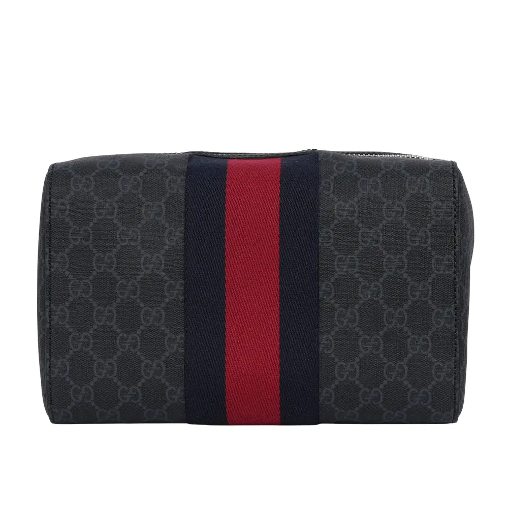 【GUCCI】GG Supreme 帆布藍紅織帶方形手拿包(黑灰色)/ 平行輸入