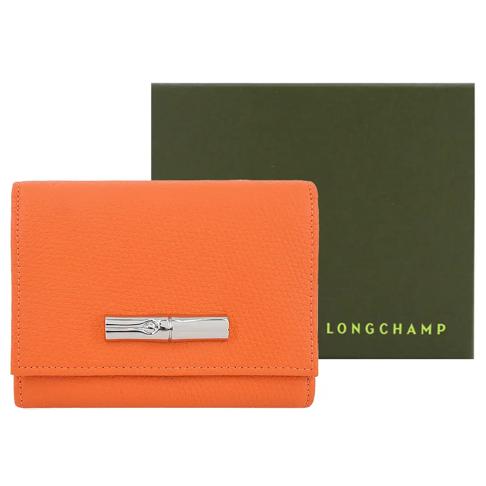 LONGCHAMP LE ROSEAU系列竹節牛皮簡約三折壓釦短夾/平行輸入/ 柳橙