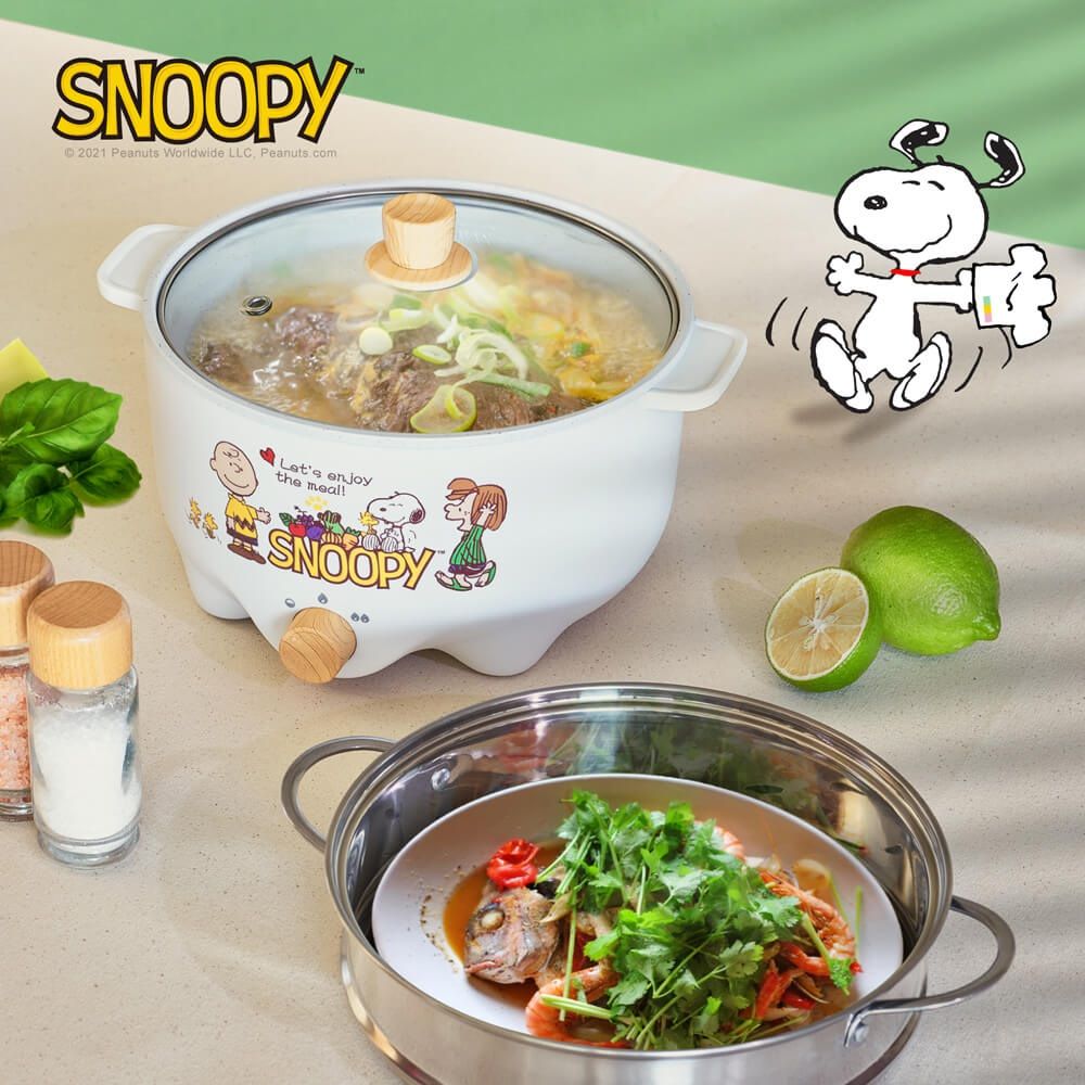 SNOOPY 史努比吃貨系列 S22雙層防燙不沾電湯鍋3L 白木紋 + M2209蒸籠 x1
