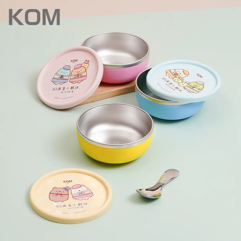 KOM角落小夥伴矽膠格紋不鏽鋼兒童碗/ 2入/ 熊廠長+白熊/ 黃色