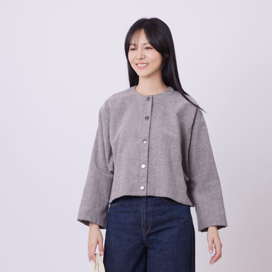 好我 so that's me Elaine開襟人字紋夾克短外套/ 灰棕 FREE SIZE