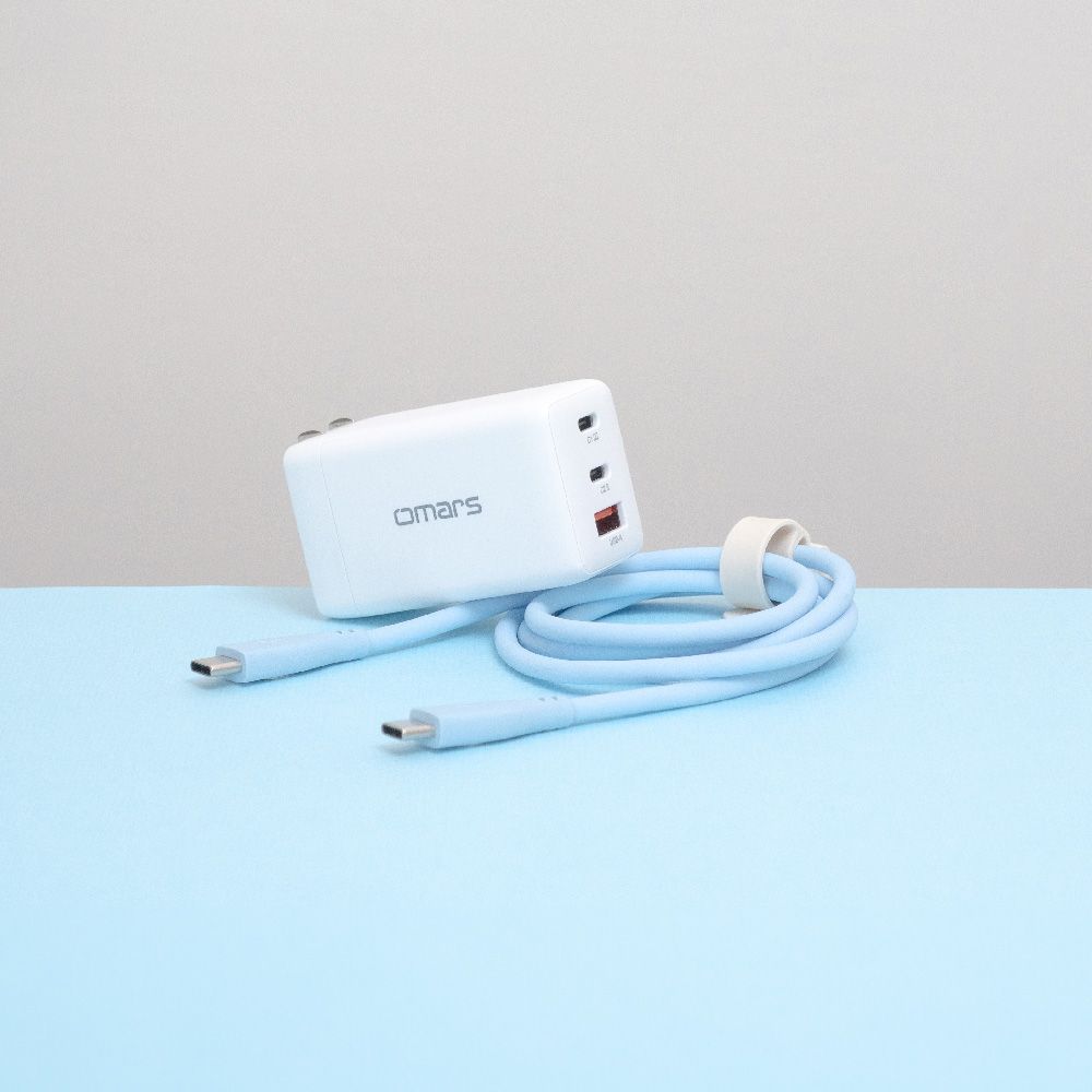 【omars】炫彩快充組合｜GaN 67W快速充電器+USB-C炫彩快速傳輸充電線(PD60W)/ 晴天藍