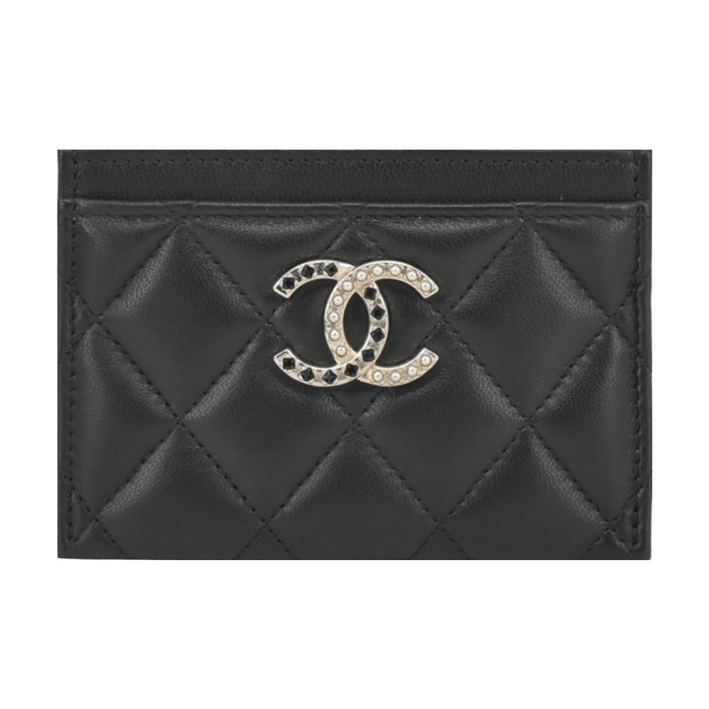 CHANEL寶石珍珠雙C LOGO菱格紋小羊皮卡片夾(黑色)/平行輸入